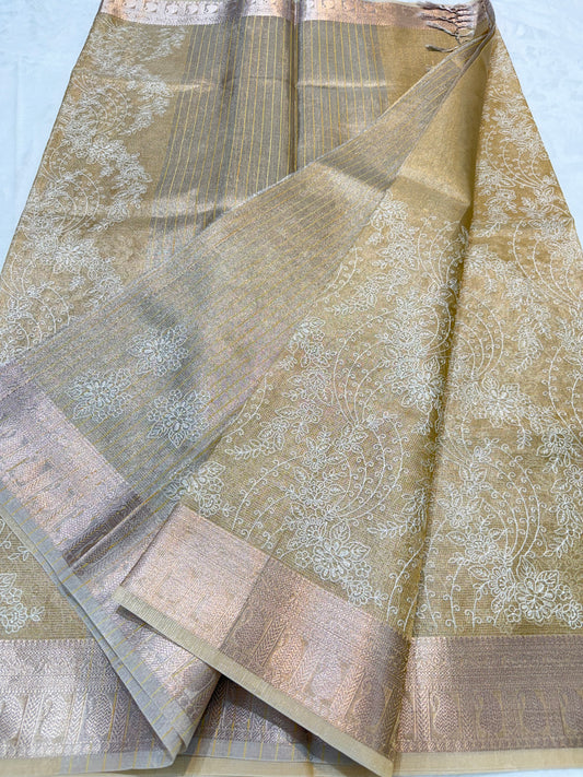 Antique Gold shade tissue kota designer embroidery premium Banarasi saree