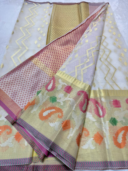 Off white & multicolour shade kora organza Banarasi saree