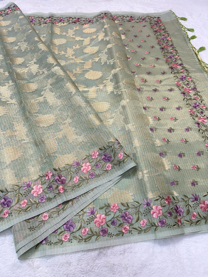 Pista green shade tissue kota designer embroidery premium Banarasi saree