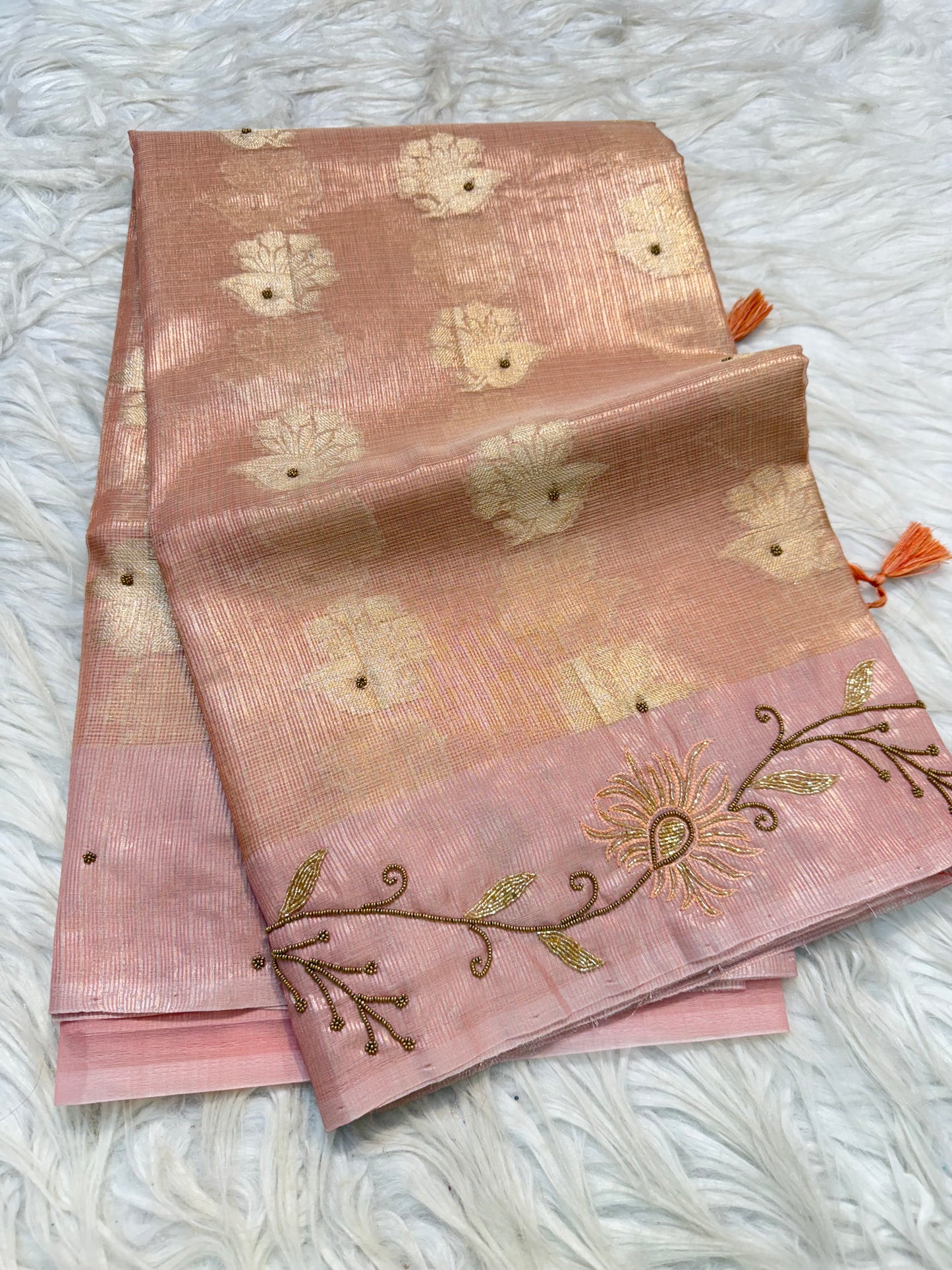 Peach shade tissue kota designer handwork premium Banarasi saree