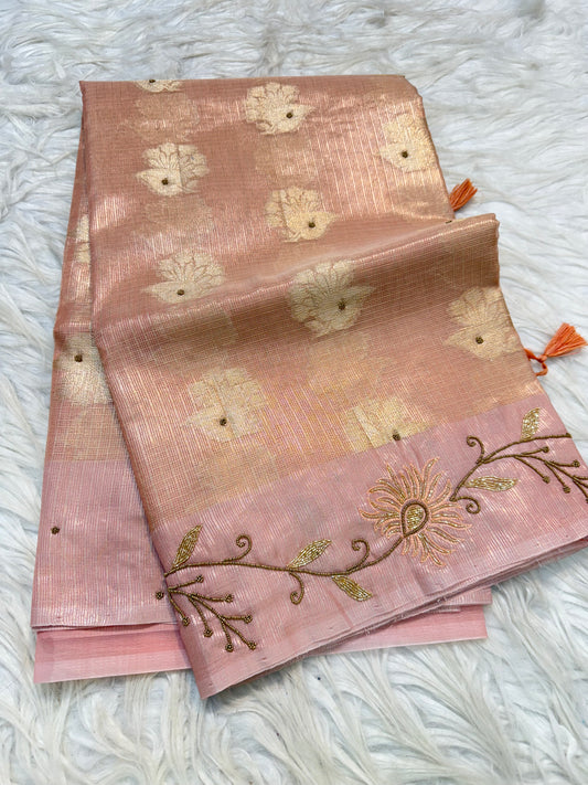 Peach shade tissue kota designer handwork premium Banarasi saree