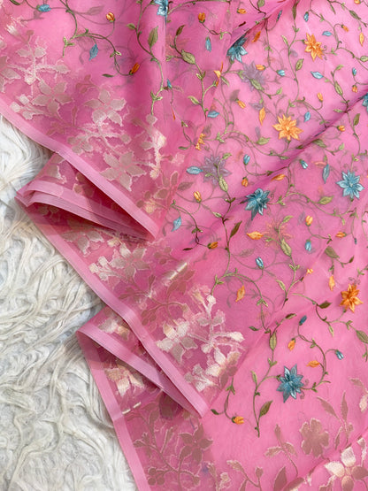 Pink shade kora organza  embroidery Banarasi saree