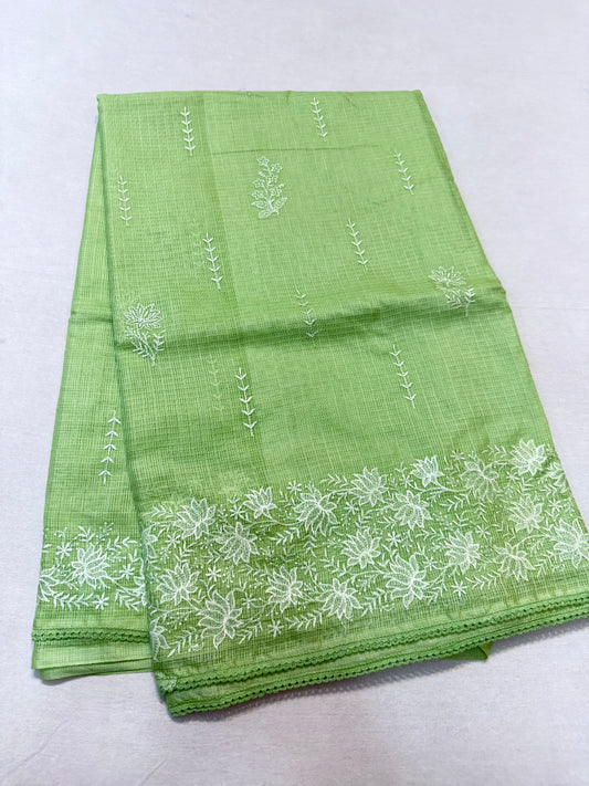 Pista green shade cotton kota chickenkari embroidery Banarasi saree