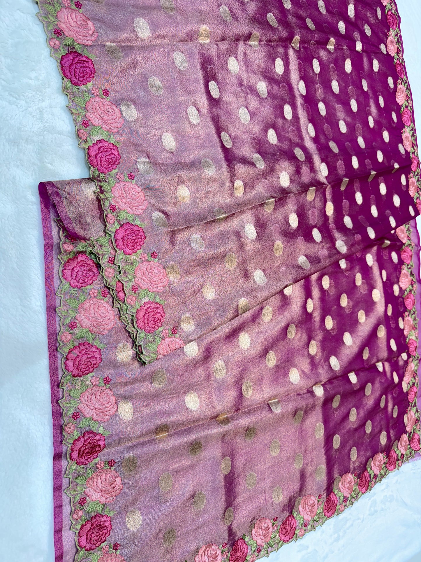 Magenta shade  tissue cutwork embroidery premium designer Banarasi saree