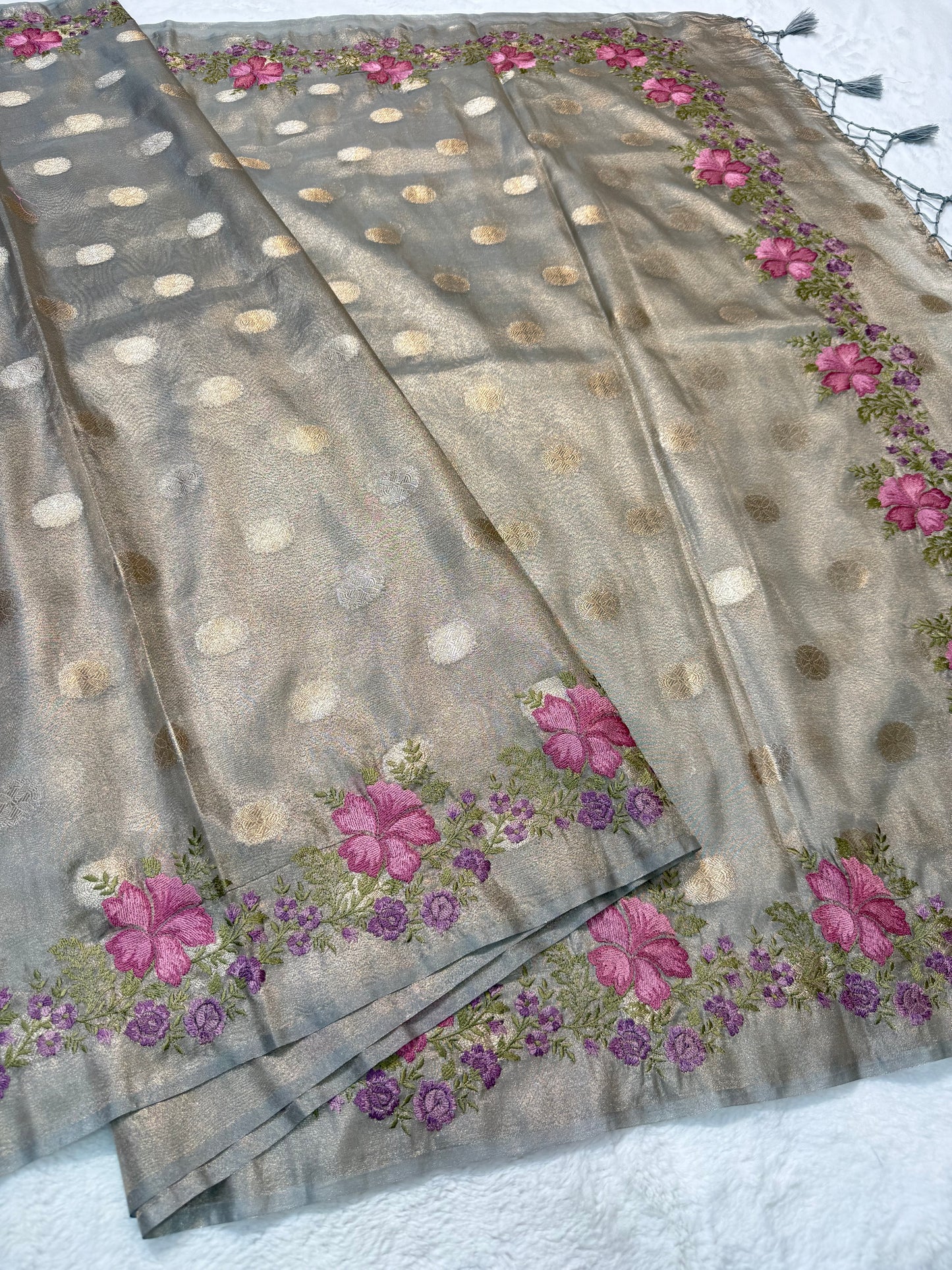 Grey tissue cutwork embroidery premium designer Banarasi saree
