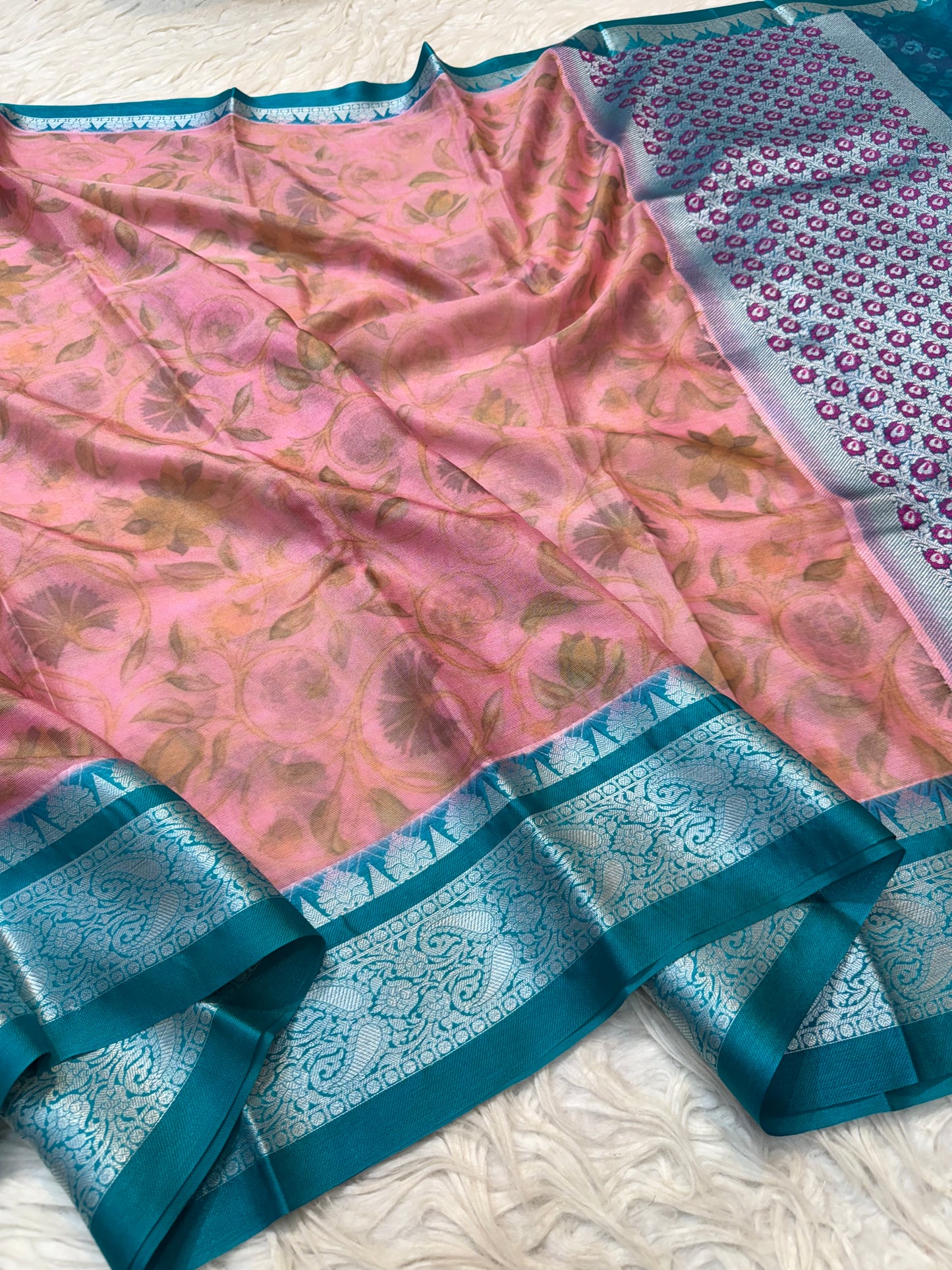Multi colore warm silk digital print Banarasi saree