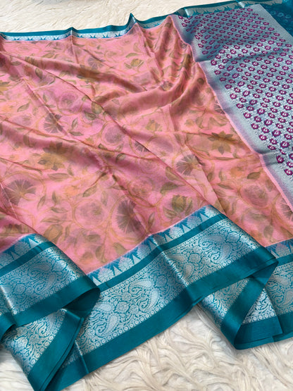 Multi colore warm silk digital print Banarasi saree