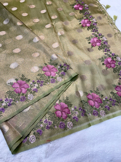 Pista green shade tissue cutwork embroidery premium designer Banarasi saree