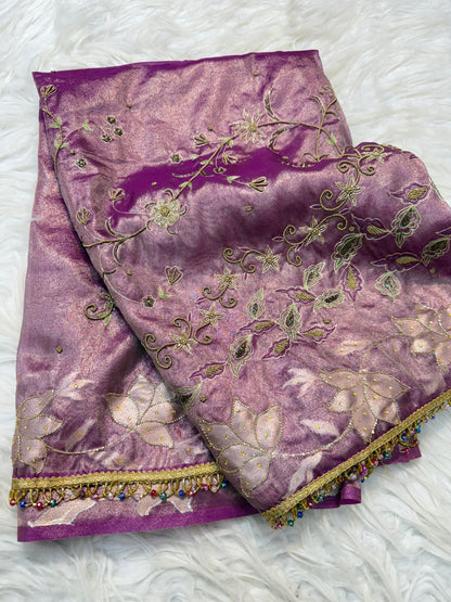 Magenta shade tissue ari & zardosi work designer premium Banarasi saree