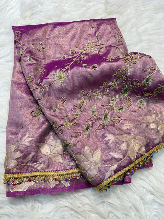 Magenta shade tissue ari & zardosi work designer premium Banarasi saree