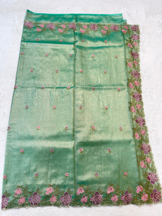 Sea green shade tissue cutwork embroidery premium designer Banarasi saree
