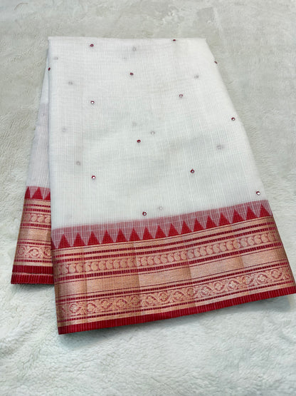 White & red kota mirror work premium Banarasi saree