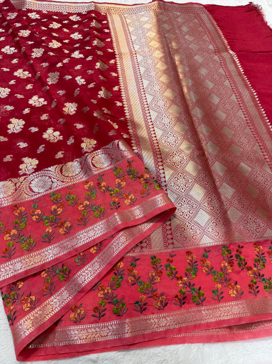 Red & maharani shade raw mango premium embroidery Banarasi saree