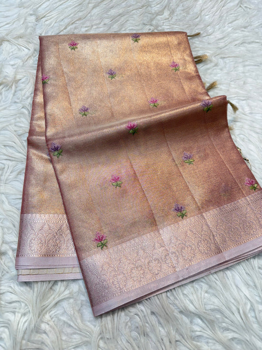 Peach shade tissue kota embroidery primum Banarasi saree