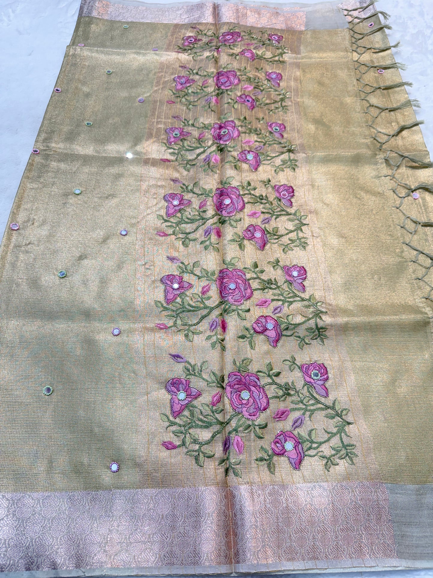 Pista green kota tissue kota designer embroidery handwork premium Banarasi saree