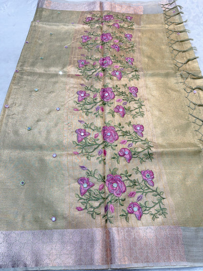 Pista green kota tissue kota designer embroidery handwork premium Banarasi saree