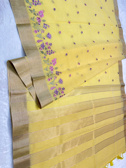 Yellow shade linen embroidery premium Banarasi saree