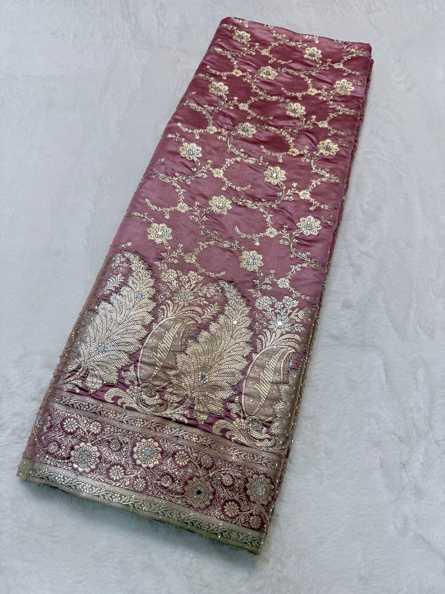 Rose gold shade Bridal Satan katan ari & stone work Banarasi silk Saree
