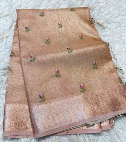 Pink shade tissue kota embroidery primum Banarasi saree