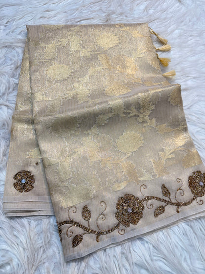Off white  shade tissue kota designer handwork premium Banarasi saree
