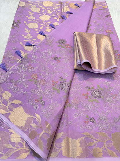 Lavender shade organza designer  embroidery premium Banarasi saree