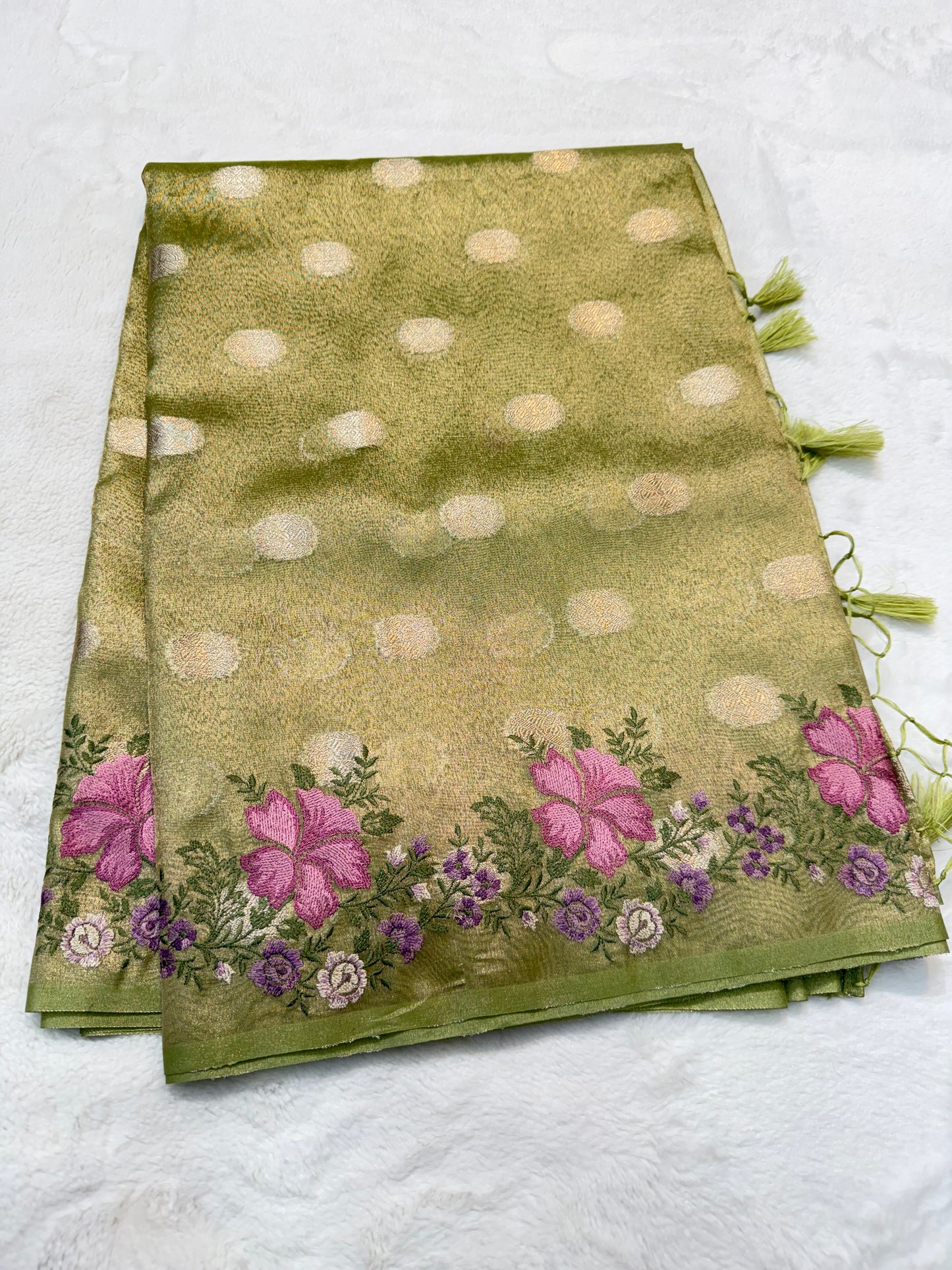 Pista green shade tissue cutwork embroidery premium designer Banarasi saree