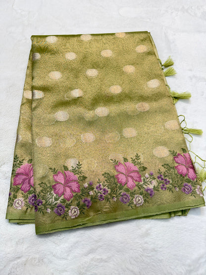 Pista green shade tissue cutwork embroidery premium designer Banarasi saree