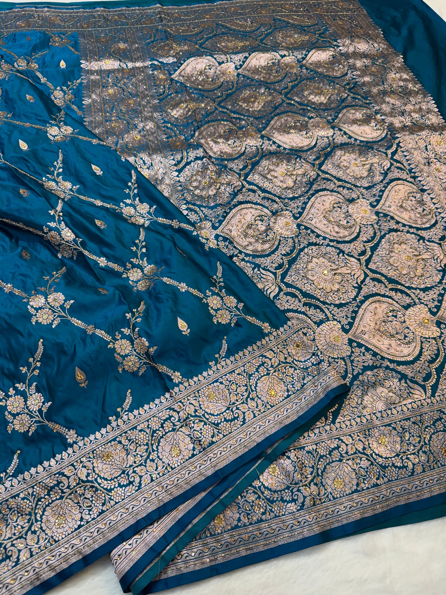 Dark ferozi shade Bridal Mashru ari & stone Silk Banarasi Saree