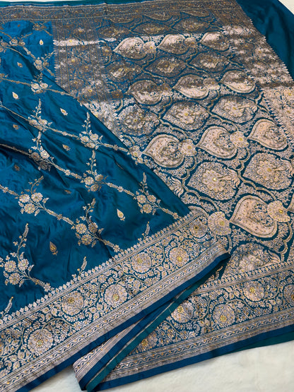 Dark ferozi shade Bridal Mashru ari & stone Silk Banarasi Saree