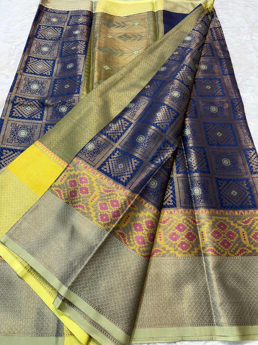 Nevy yellow Pista greenshade premium soft silk Banarasi saree