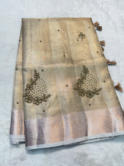 Beige shade tissue designer hand work Banarasi saree
