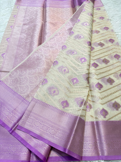 Off white & purple shade cotton premium Banarasi saree