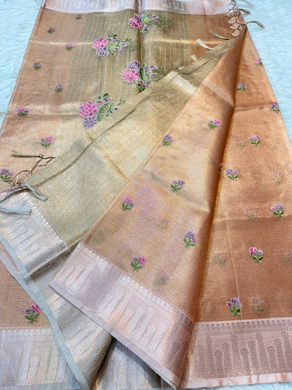 Pink shade tissue kota embroidery primum Banarasi saree