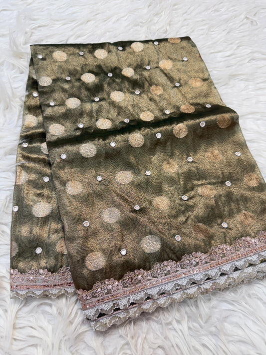 Bottle green  shade tissue ari & zardosi work designer premium Banarasi saree