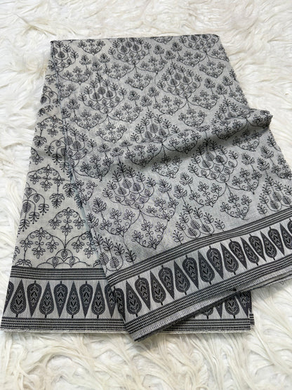 Grey shade cotton kota chickenkari embroidery Banarasi saree
