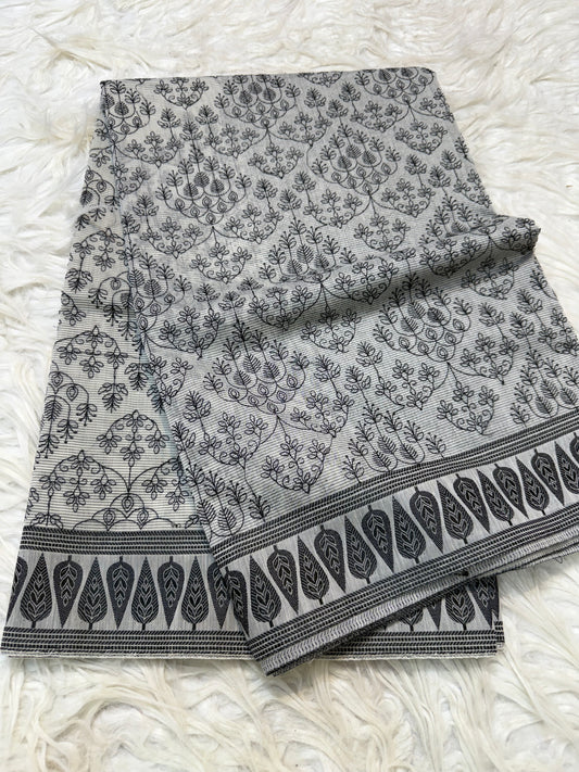 Grey shade cotton kota chickenkari embroidery Banarasi saree