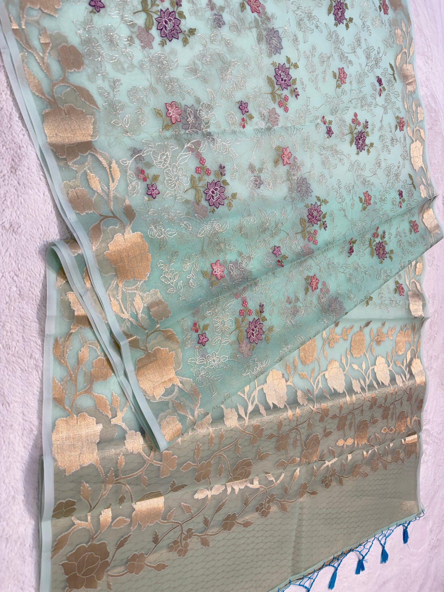 Turquoise shade organza designer  embroidery premium Banarasi saree