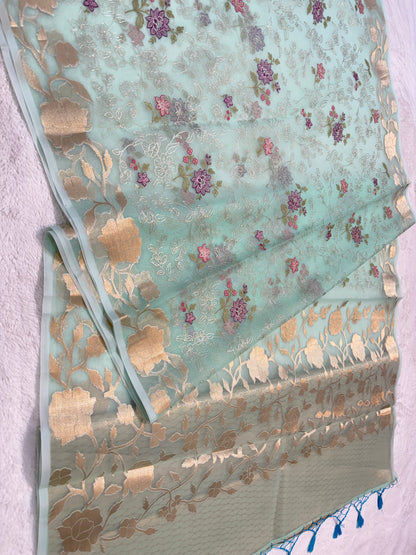 Turquoise shade organza designer  embroidery premium Banarasi saree