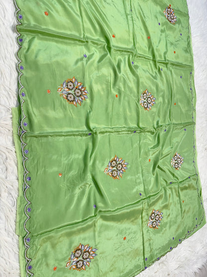 Soft silk zardosi work fancy party wear pista green colore saree