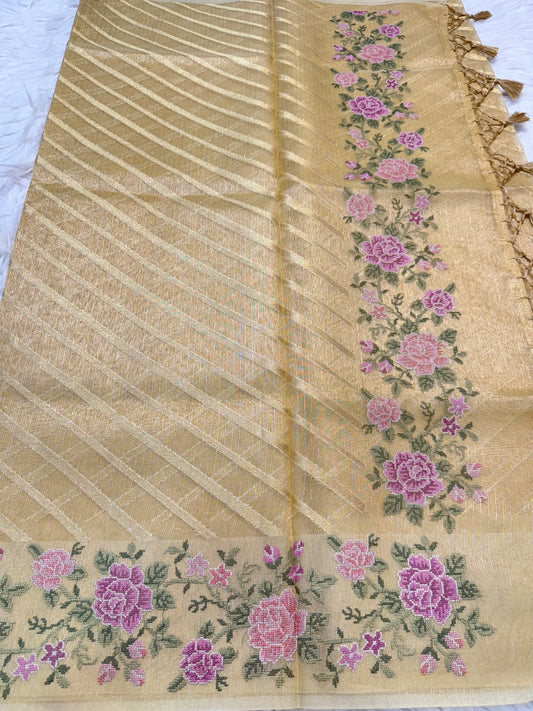 Mango shade tissue kota embroidery primum Banarasi saree