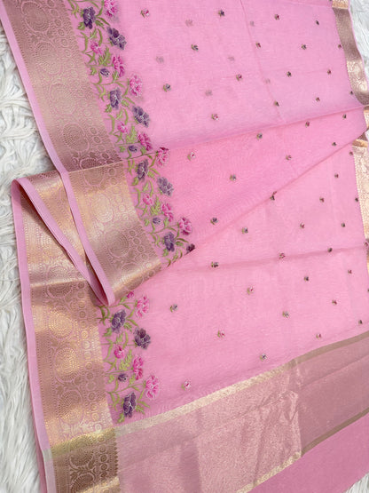 Pink green shade linen embroidery Banarasi saree