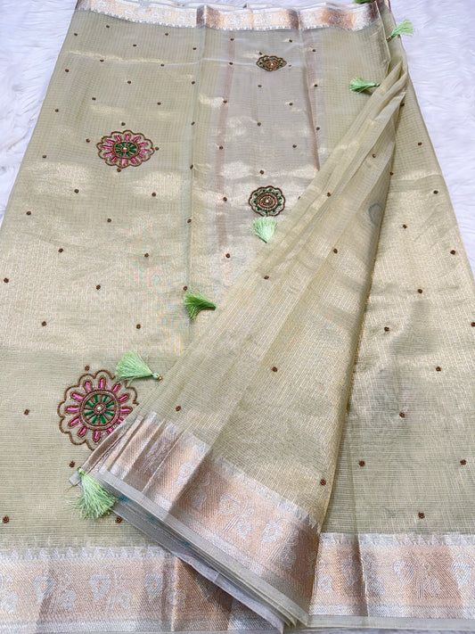 Pista green shade tissue kota designer handwork premium Banarasi saree