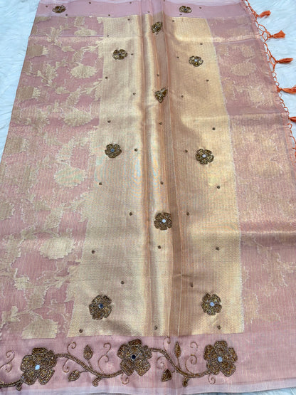 Pink shade tissue kota designer handwork premium Banarasi saree