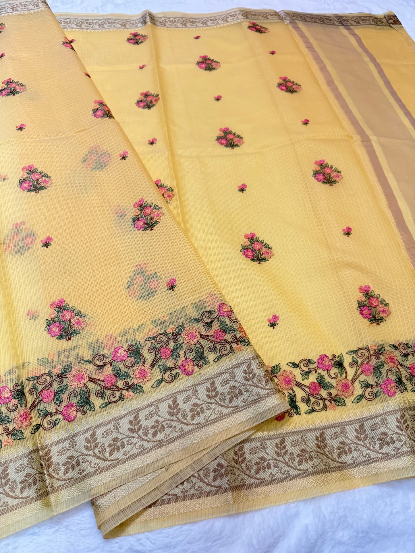 Yellow shade kota designer embroidery Banarasi saree