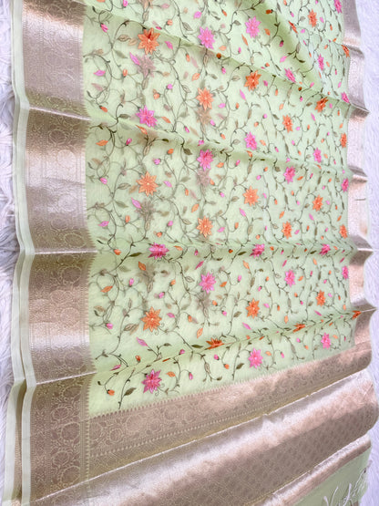Pista green shade kora organza  embroidery Banarasi saree