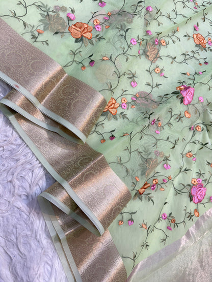 Pista green shade organza embroidery Banarasi saree