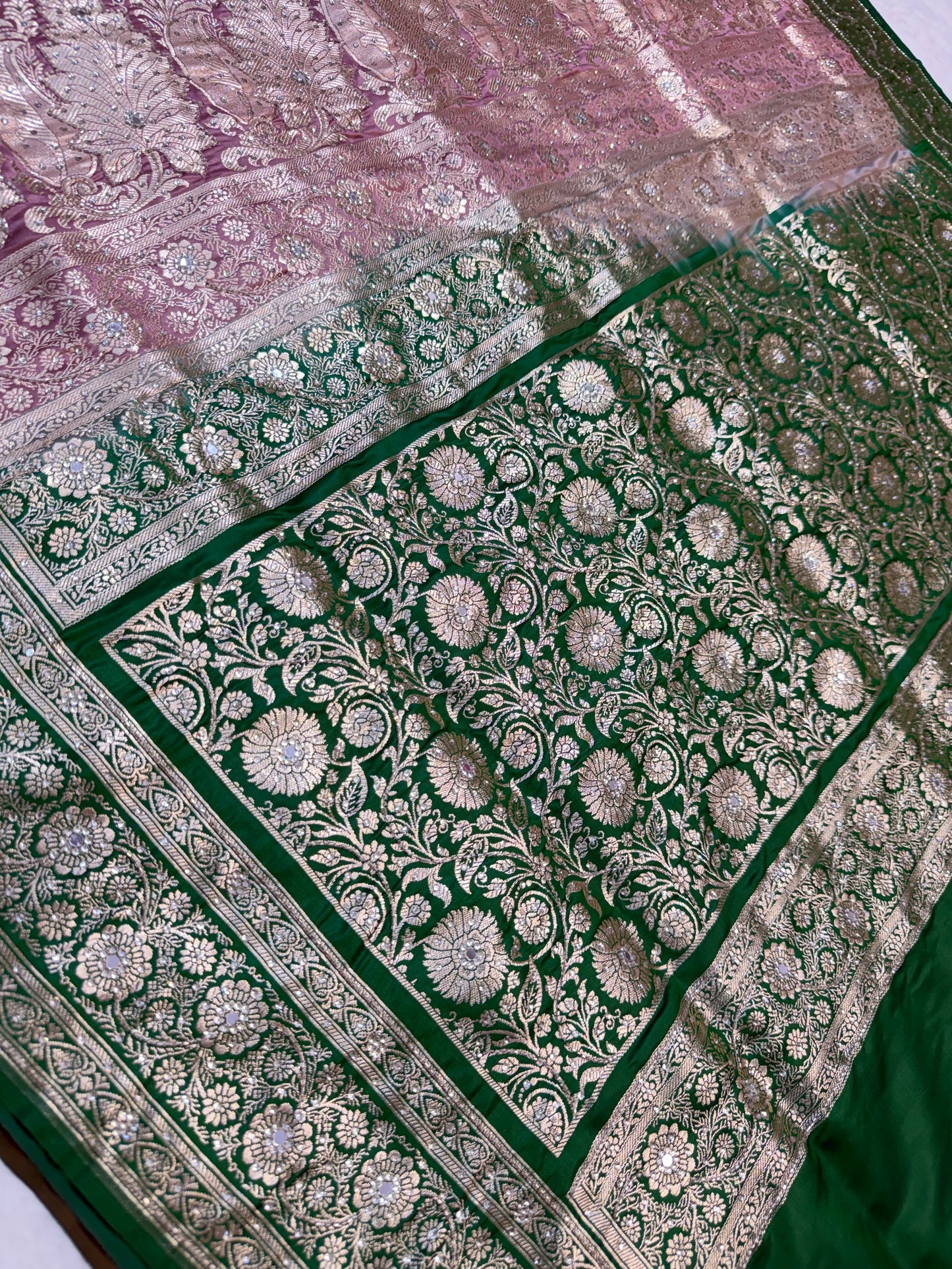 Rose gold shade Bridal Satan katan ari & stone work Banarasi silk Saree