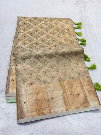 Pista green shade tissue kota designer handwork premium Banarasi saree
