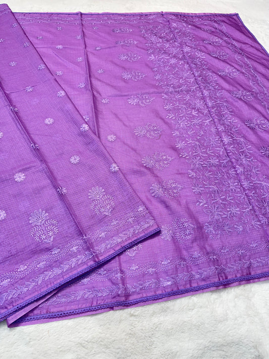 Purple shade cotton kota chickenkari embroidery Banarasi saree