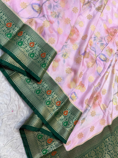 Pink bottle green & multicolour Dupion silk digital print Banarasi saree